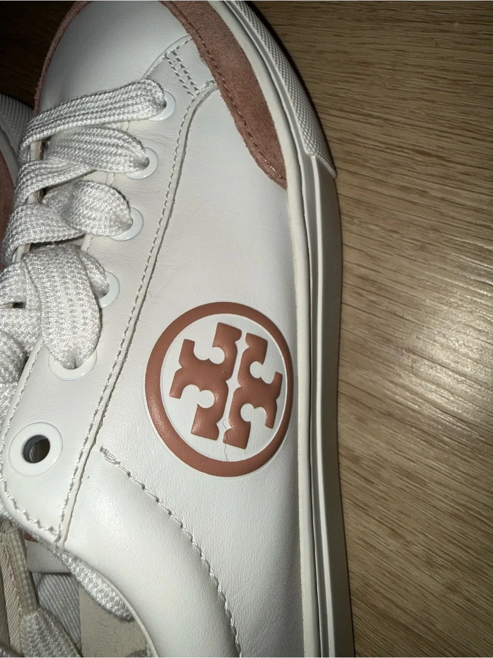 Tory Burch White Leather Sneakers with Dusty Rose Accents
